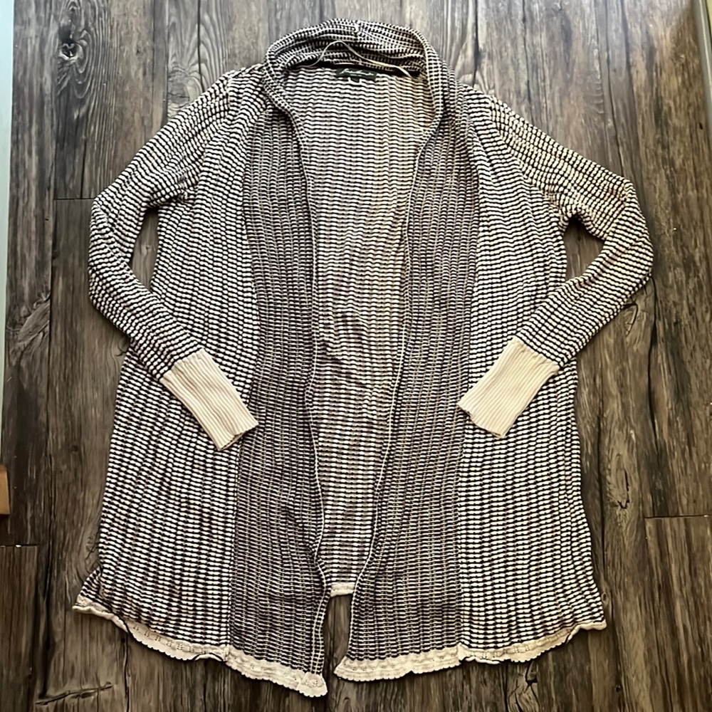 Open Front Long Cardigan Eddie Bauer Women’s Size Large Black and White Pattern